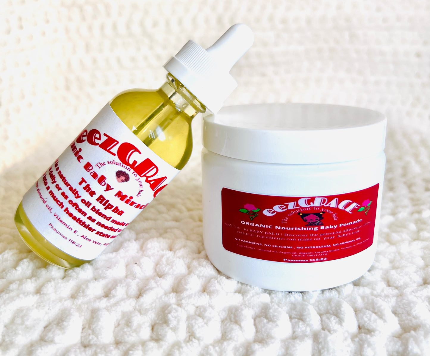 Baby Products.
Organic Baby Miracle Drops + Organic Nourishing Baby Hair Pomade. (0 - 11 months)